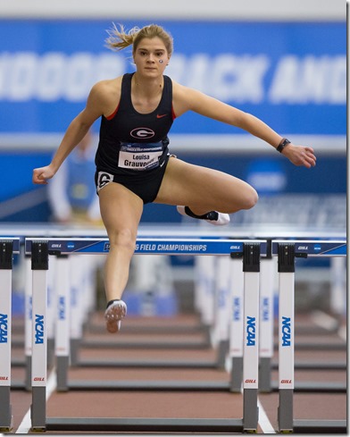 Louisa Grauvogel of the University of Georgia runs the 60 meter hurdles as the Pentathlon begins during the NCAA Indoor Track and Field Championships at Gilliam Indoor Track Stadium on the campus of Texas A&M University in College Station, Louisiana on Friday, March 10, 2017. (AP Photo/Lake Charles American Press, Kirk Meche)